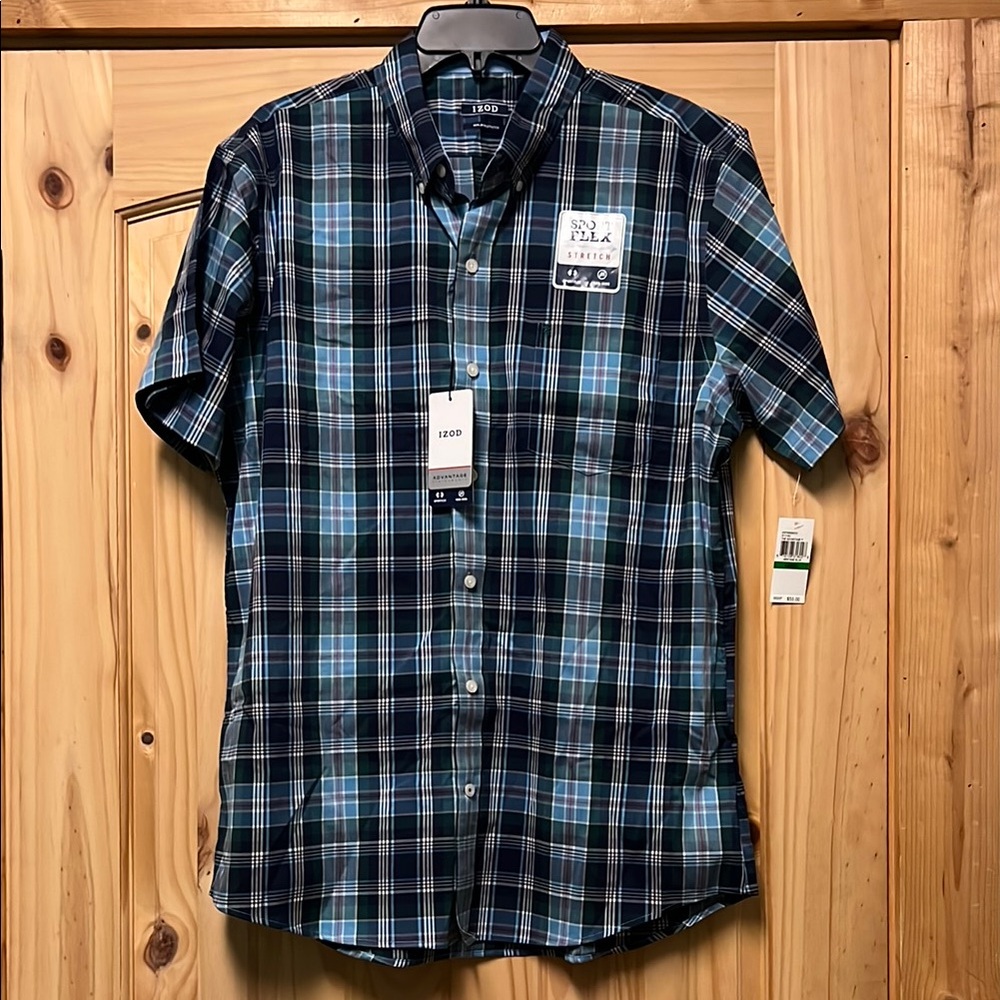 NWT Men’s Izod Plaid Casual Button Down Short Sleeve Shirt Large Sport Flex